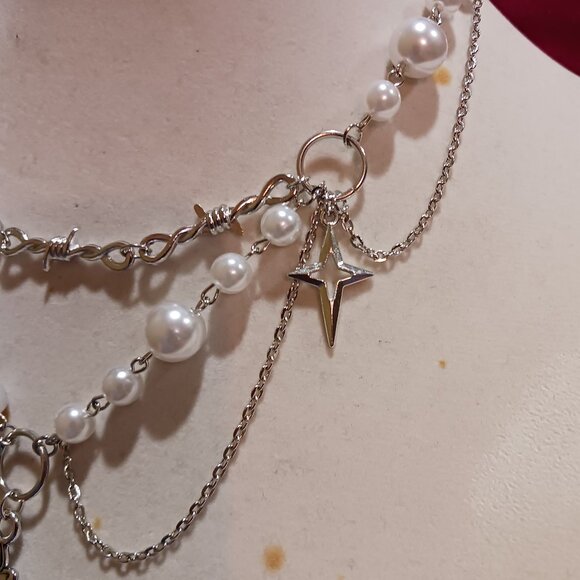 Gothic Punk Cosmic Cross Rosary Layered Choker Silver and White Necklace - Picture 9 of 14